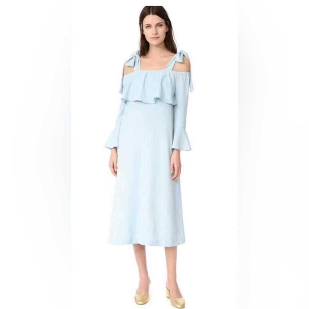 Ganni Women's Cold Shoulder Bow Dress Midi Clark Sterling Blue Size 36